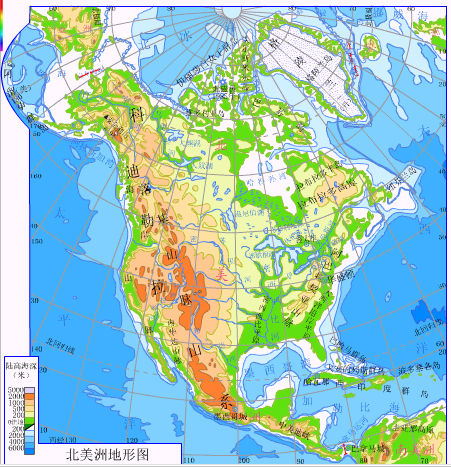 2013高考地理重点地图:北美洲地形图