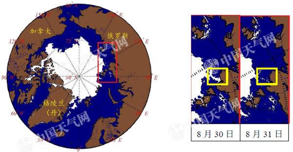 北极地区东北航道核心区域普捷夫海西南部,布尔什维克岛东侧海冰融化