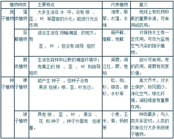 可以分為四大類群:藻類,苔蘚,蕨類和種子植物